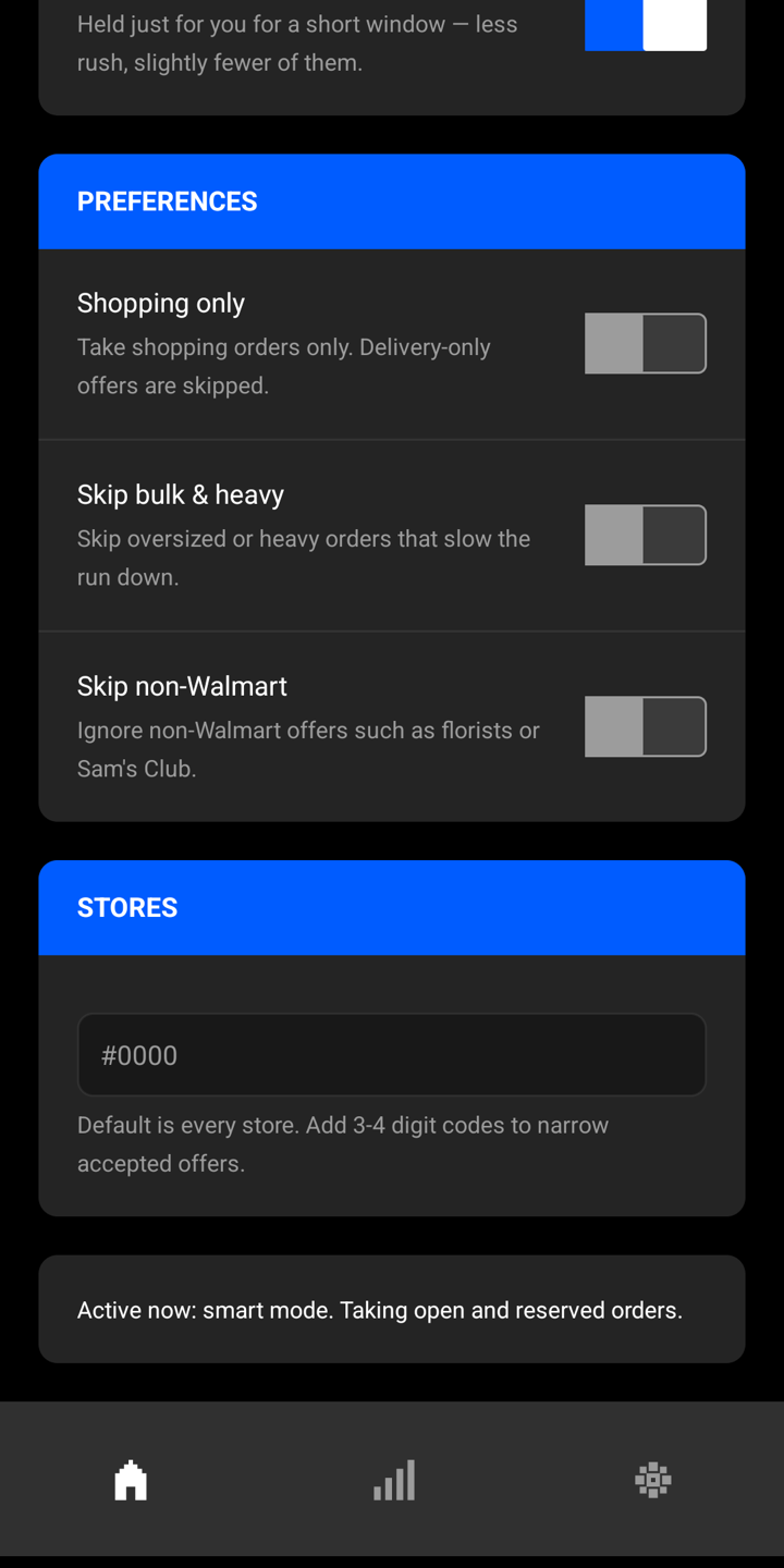 Lumos filter preferences: shopping only, skip bulk and heavy, skip non-Walmart, and a store list.