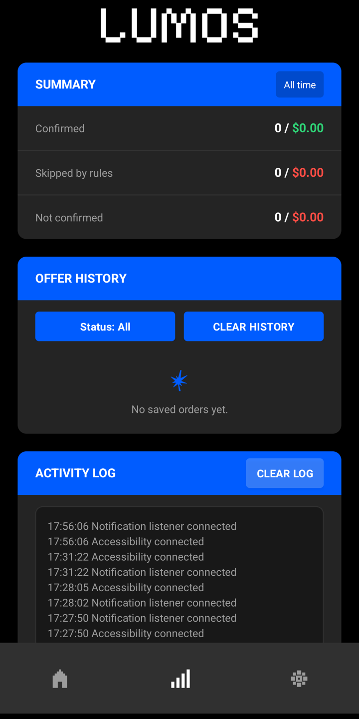 Lumos history screen with an offer summary, order history, and a live activity log.