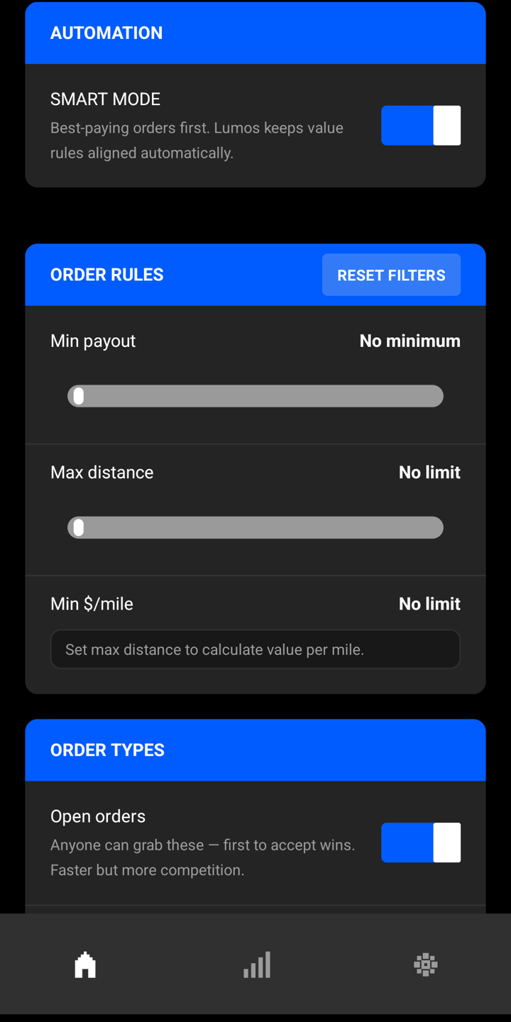 Lumos home screen: Smart Mode on, with order rules for payout, distance and dollars per mile.