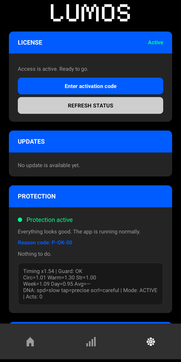 Lumos license screen: license active, an Enter Activation Code button, and protection status.